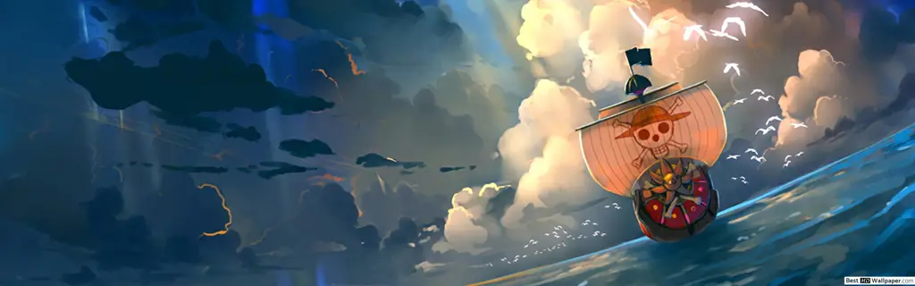 Kapal Thousand Sunny berlayar di lautan luas Wallpaper kapal Thousand Sunny yang megah