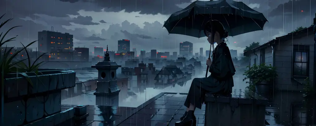 Wallpaper Anime Sedih: Malam Hujan Pemandangan malam hari yang hujan dengan suasana sedih