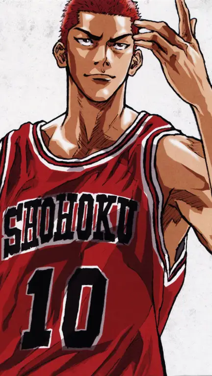 Karakter-karakter Ikonik dalam Slam Dunk Para karakter utama anime Slam Dunk seperti Sakuragi, Rukawa, Akagi, Miyagi, dan Mitsui.