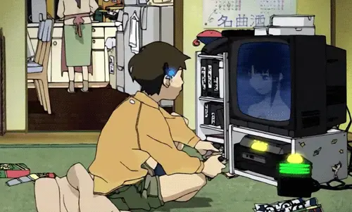 Menikmati Animasi Sub Indo Ilustrasi karakter anime menonton televisi dengan subtitle Indonesia